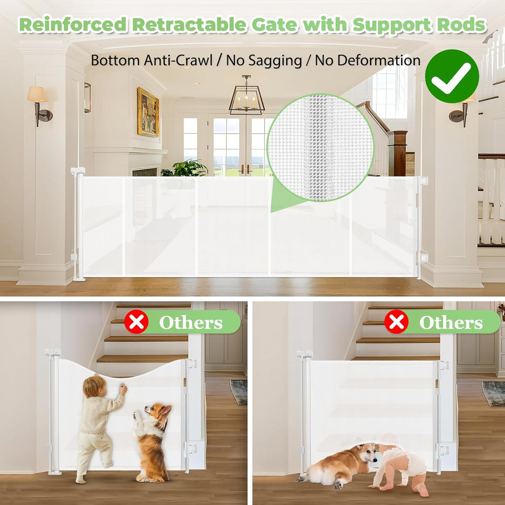 Reinforced 96" Extra Wide Retractable Baby Gate Extra Long Dog Gate, White