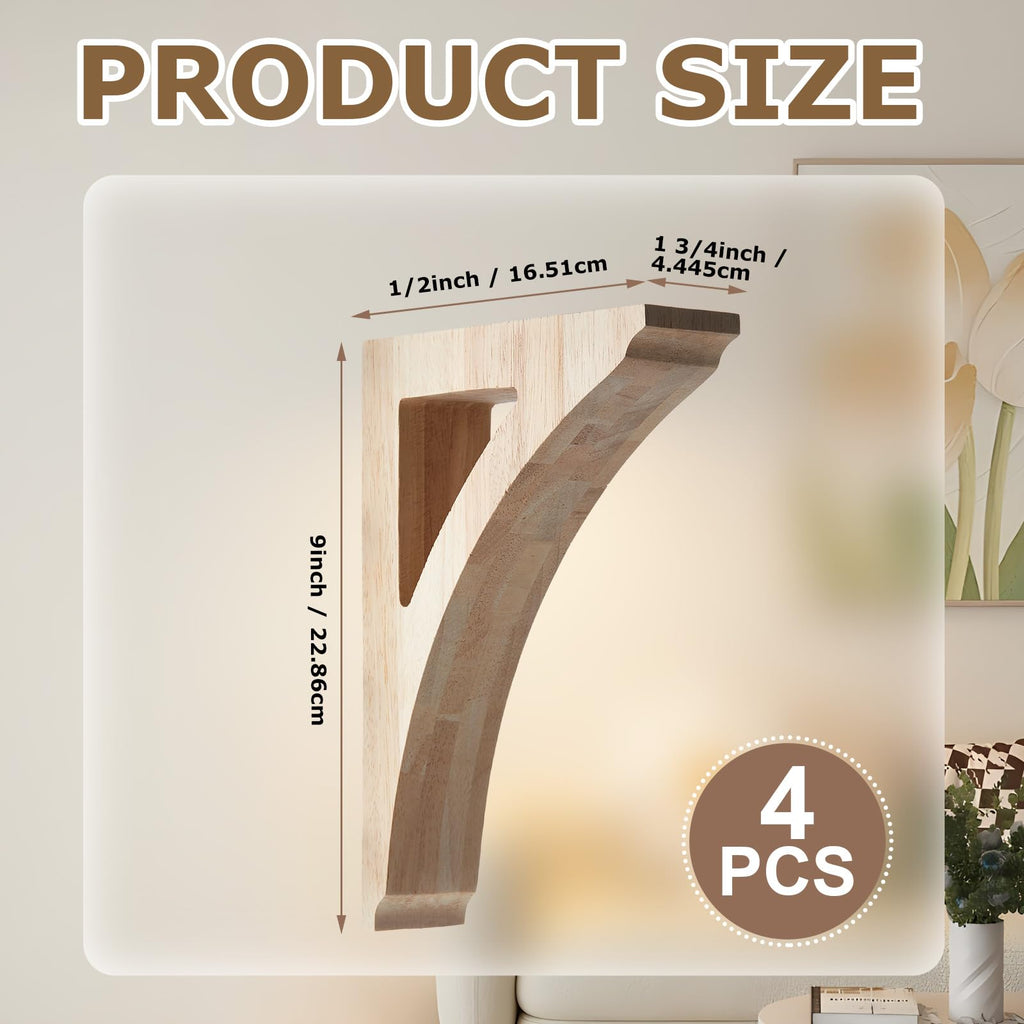 4 Pcs Wood Corbels, 1-3/4" x 6-1/2" x 9" Wooden Shelf Brackets