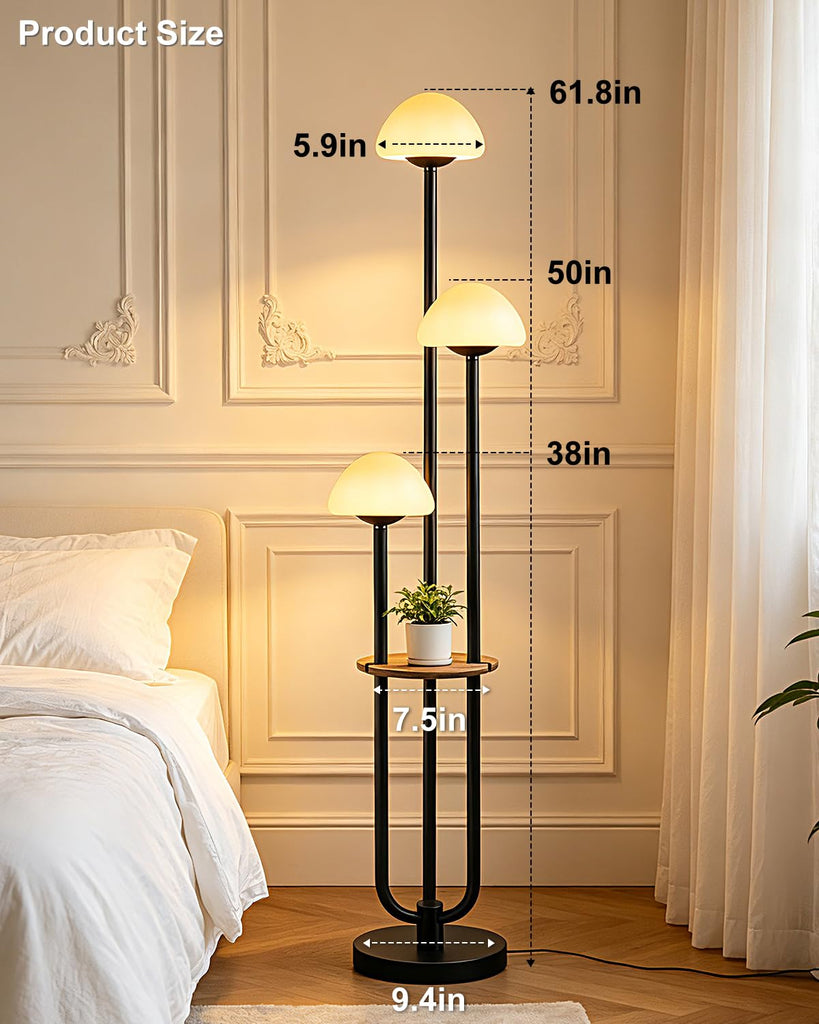 3 Light Mushroom Floor Lamp with Shelf, Dimmable Black Floor Lamp with Bulbs Included, 3000K Warm White Modern