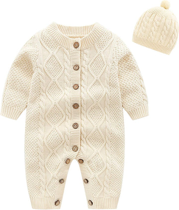 Baby Boy Knitted Sweater Romper Cotton Longsleeve Outfit with Kids Winter Warm Hats Set