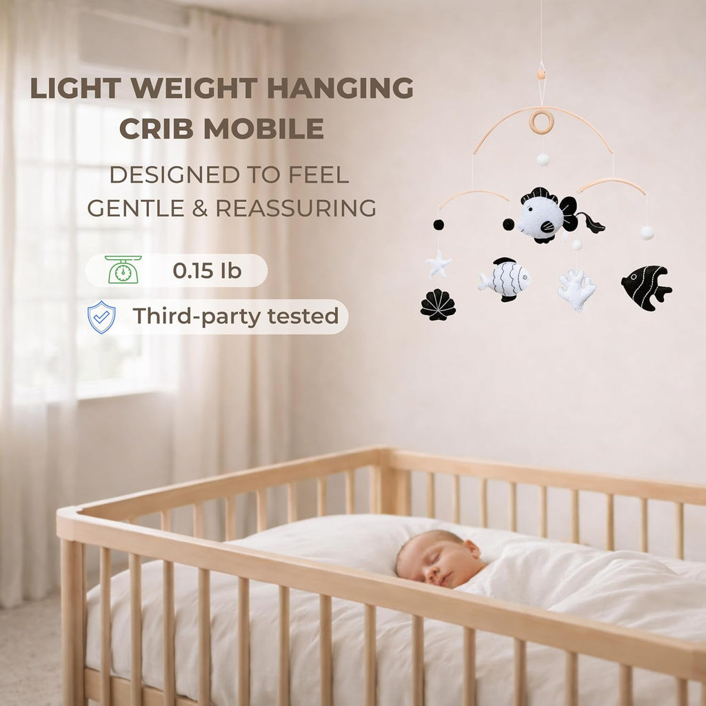 High-Contrast Black & White Decor for Newborn Baby Nursery Room - Fish Crib Mobile, for Boy & Girl, Safe Natural Wood