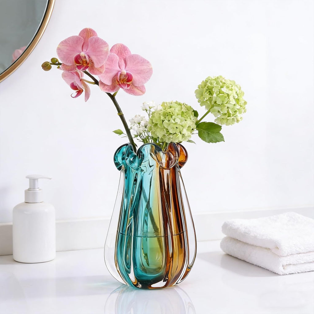 Hand Blown Glass Vase, Murano-Style Colorful Art Glass Centerpiece, Heavy Large Wide Mouth Ruffle Rim, Teal Turquoise