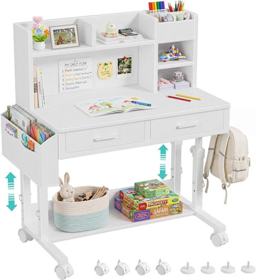 White Kids Desk with Hutch, Height Adjustable 32" Small Study Table