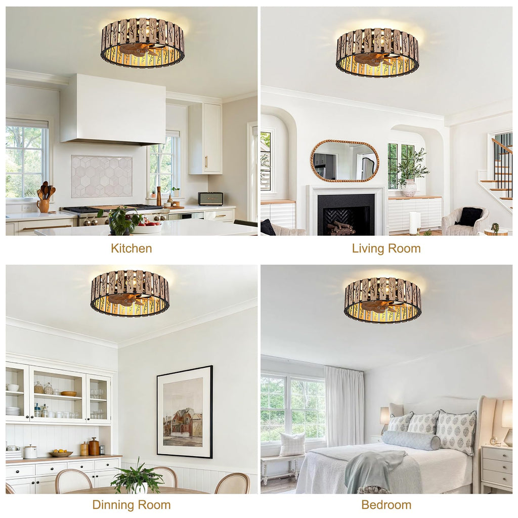 Wood Tree-Shaped Cage Ceiling Fan with Light & Remote Control, 20" Low Profile Flush Mount Fandelier, 6-Speed