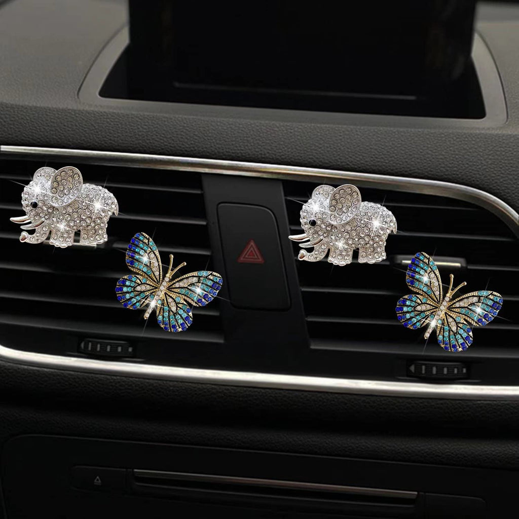 Bling Butterfly Air Vent Clips, 4 Pcs Crystal Elephant Air Fresheners, Diffuser Rhinestone Decoration Cute Interior