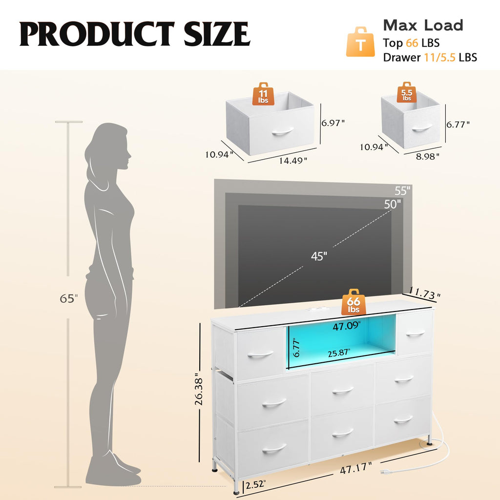 LED TV Stand for 55 Inch TV, 8 Fabric Drawers, White