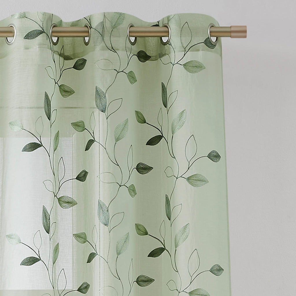 Embroidered Leaf Sheer Curtains, Sage Green 38" Wx84 Lx2