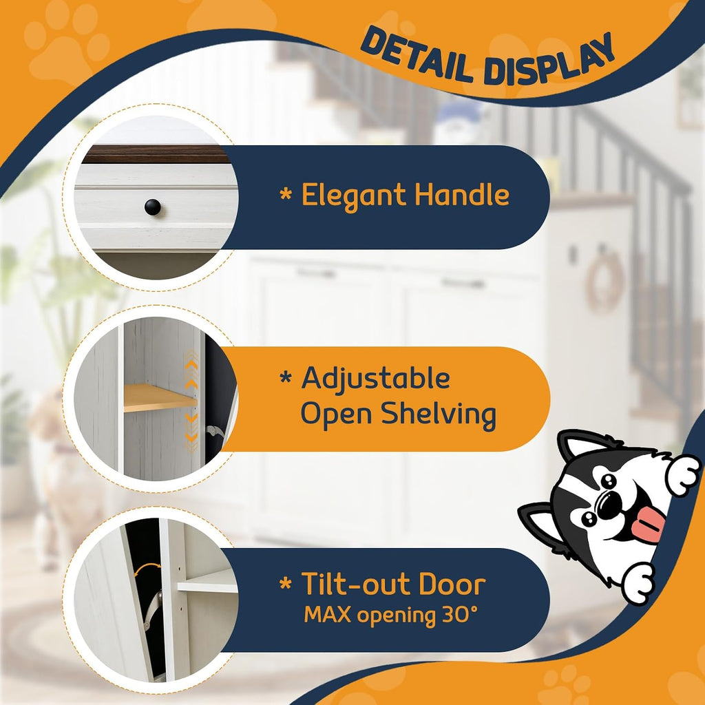 Double Tilt Out Trash Can Cabinet with Dog Bowl, 10 Gallons Dog Food Storage Cabinet, Hidden Trash Can Cabinet