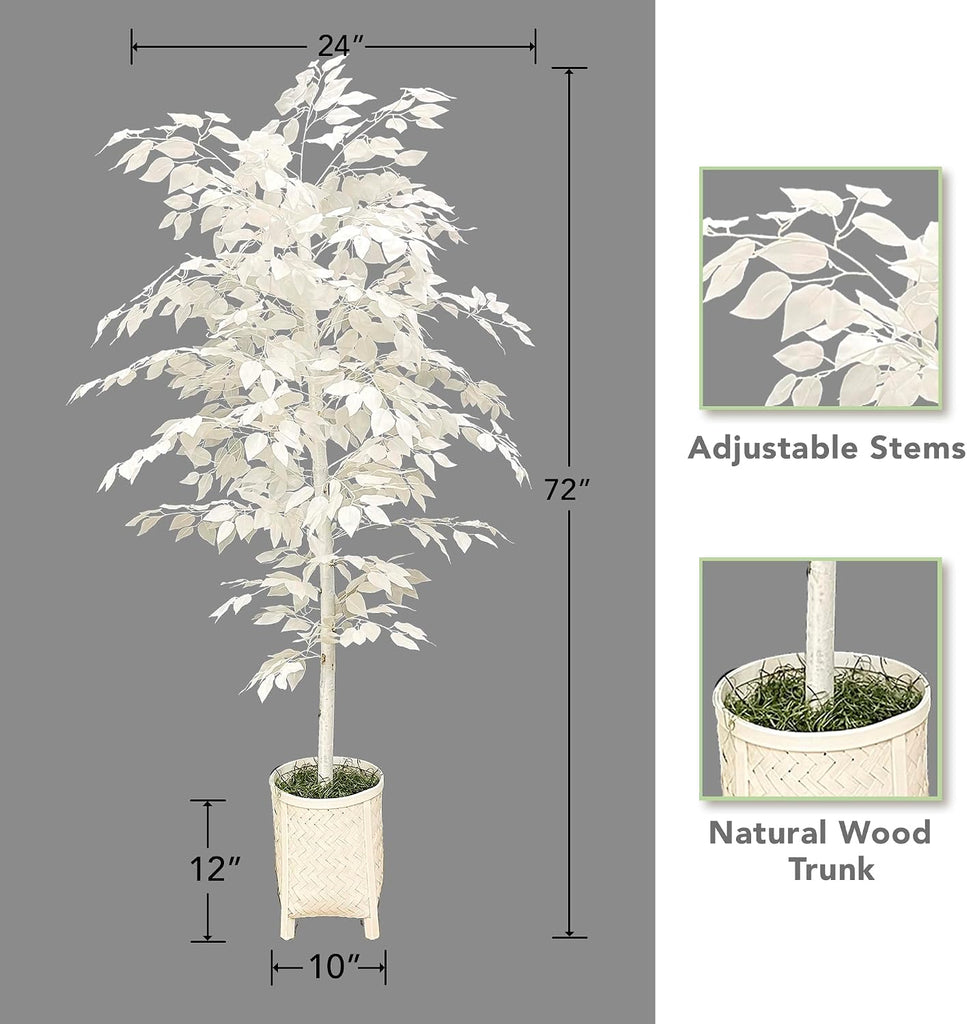 6ft White Faux Ficus Tree - Real Wood Trunk, No Maintenance Indoor Artificial Plant in White Rattan Basket - Living