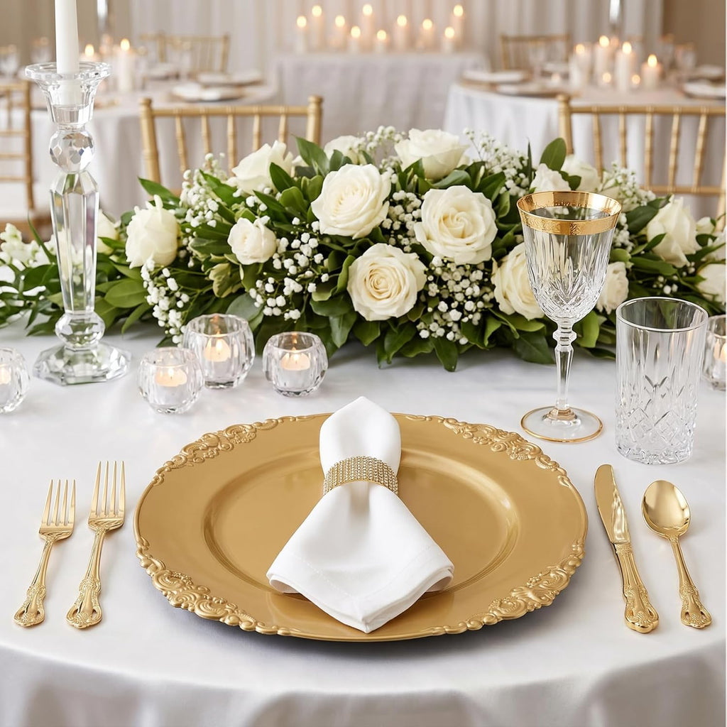 Gold Charger Plates, 13" Round Dinner Charger Plates with Embossed Rim for Catering, Wedding, Tabletop Decor - Set of 12