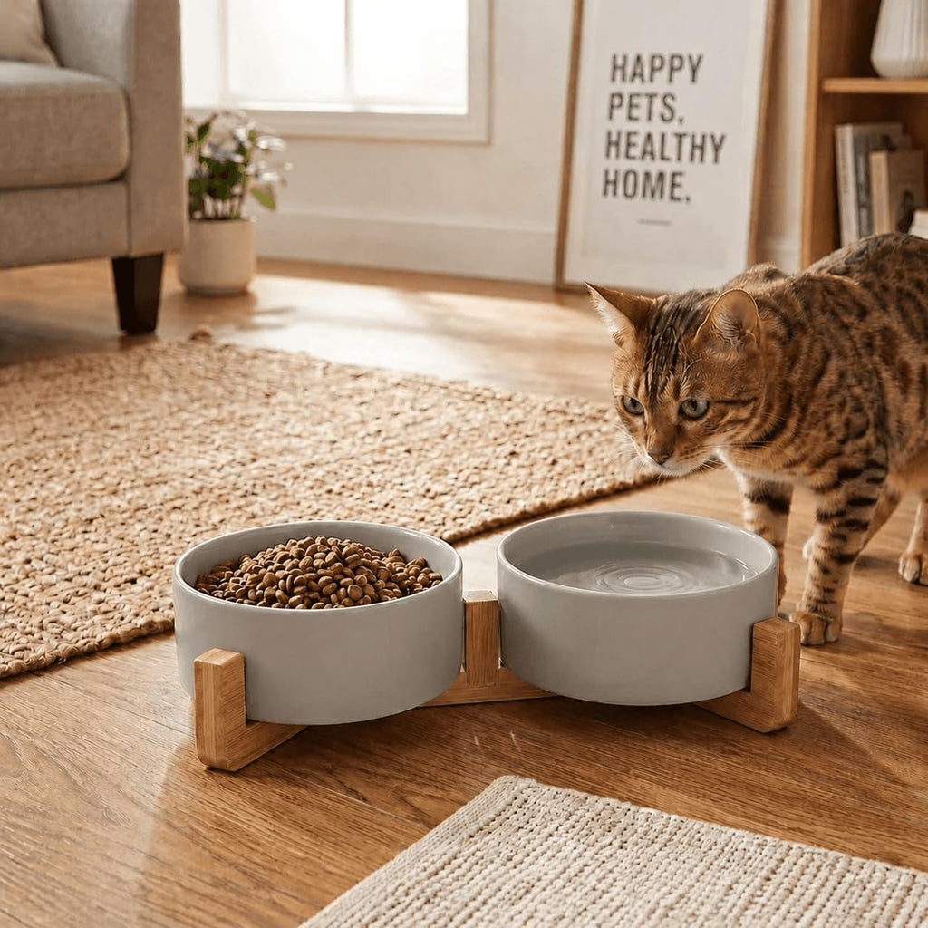 Ceramic Dog and Cat Bowl with Wood Stand Non-Slip Matte Glaze Weighted Food Water Set for Cats &Small Dogs 13.5OZ