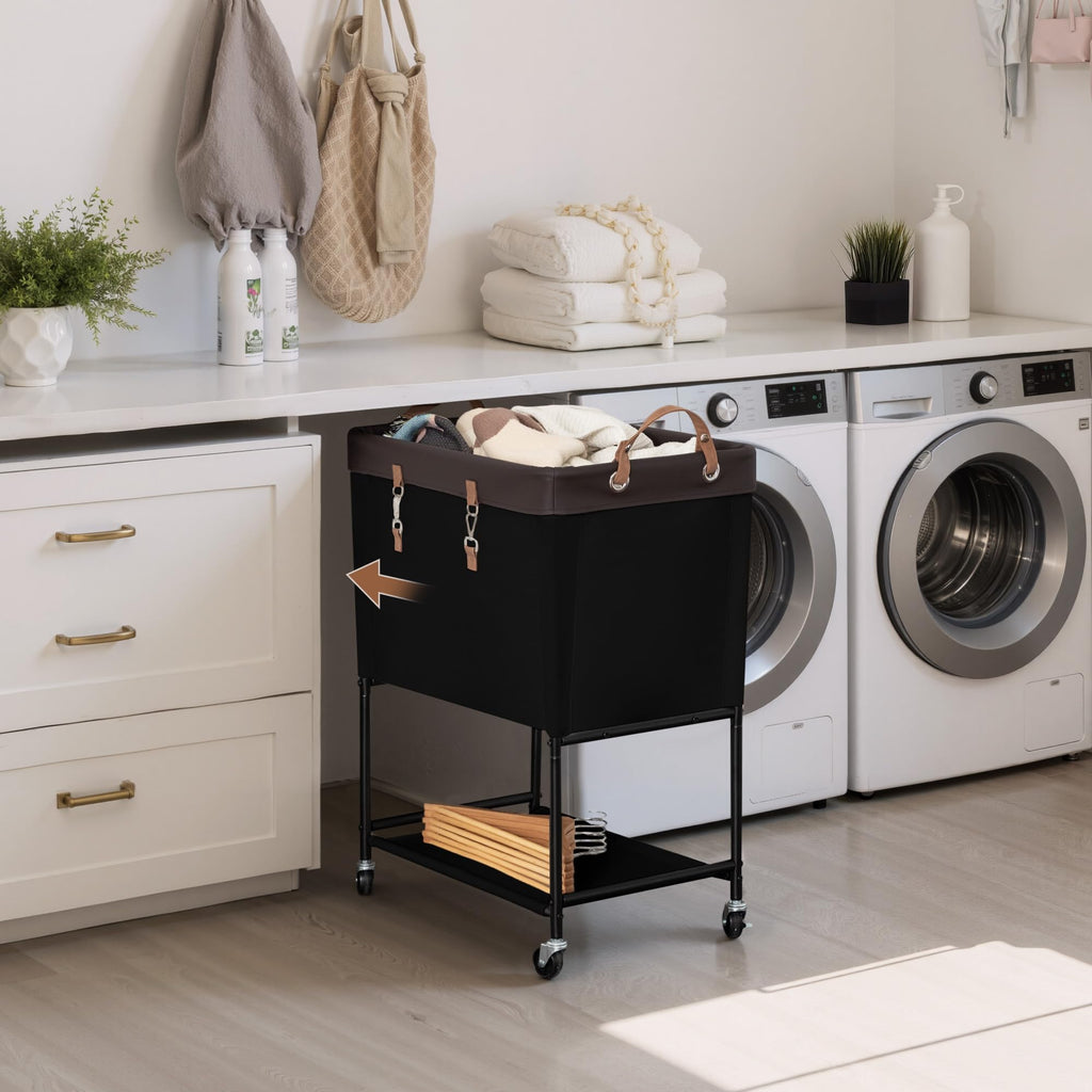 Laundry Cart, 2 Tier Rolling Basket with Wheels, 29 Gal, Black