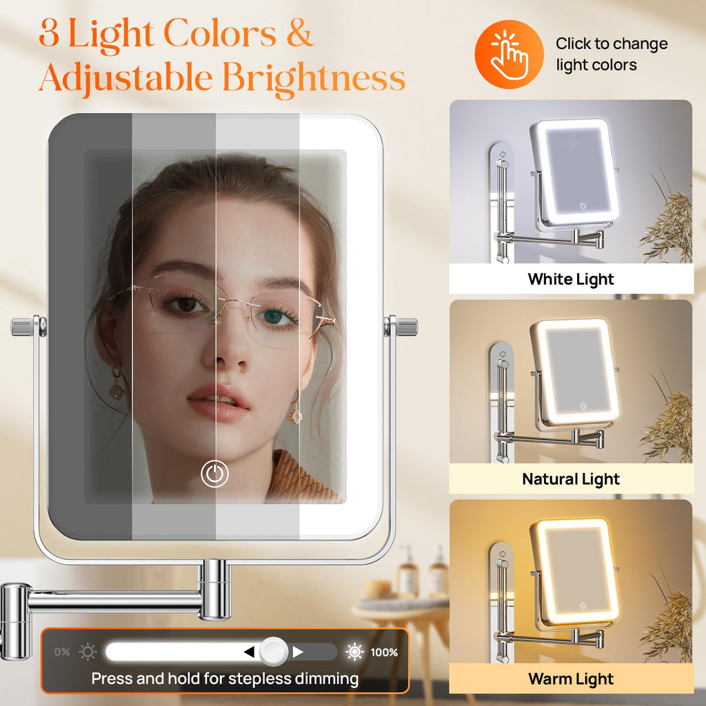 Height Adjustable Wall Mounted Lighted Makeup Mirror with Hooks