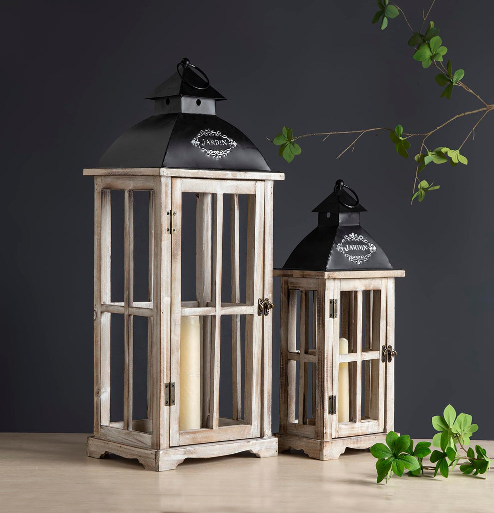 Set of 2 Large Decorative Wooden Metal Lanterns, Farmhouse Rustic Floor Candle Lanterns, Indoor/Outdoor Hanging