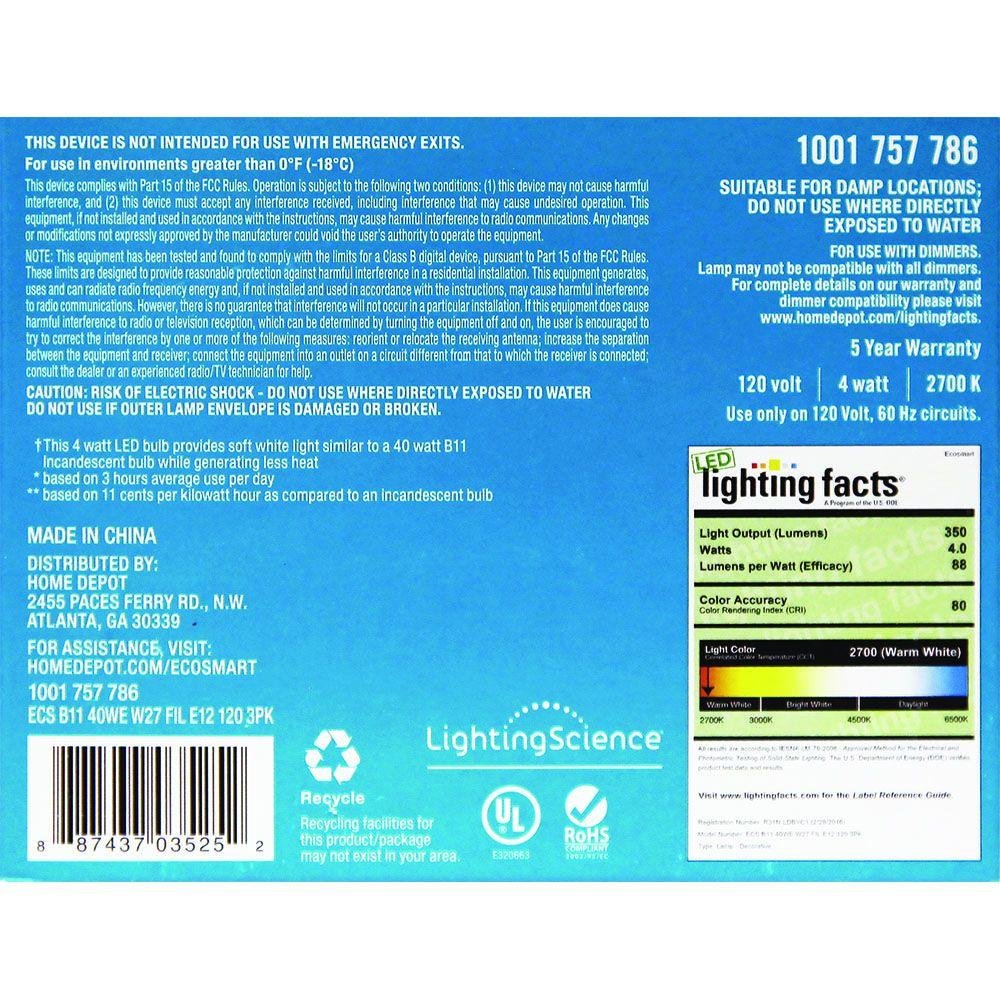 40W Equivalent Soft White B11 Dimmable Filament LED Light Bulbs 3-Pack