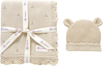 100% Organic Cotton Baby Blanket and Beanie Hat Set, Beige
