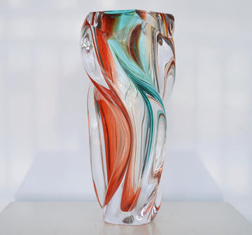 Hand Blown Twisted Multicolor Art Glass Vase, 12" Tall Luxury Swirl Crystal Vase, Decorative Centerpiece , Dining