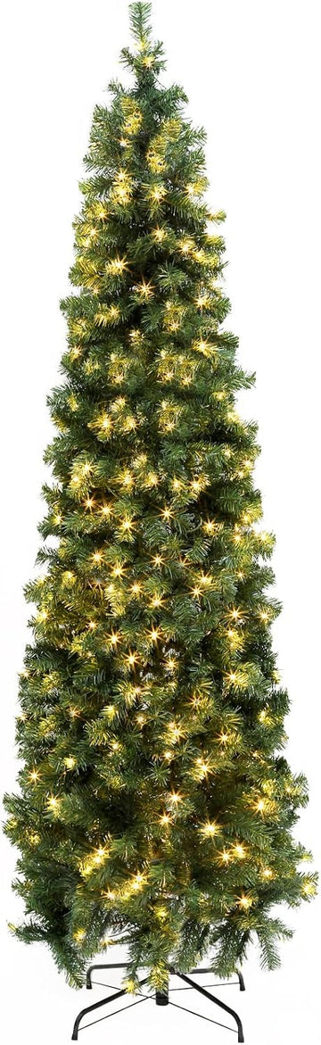 Pre-Lit Pencil Artificial Holiday Slim Christmas Tree with Warm Lights and Metal Base Stand , Party Decoration,Green