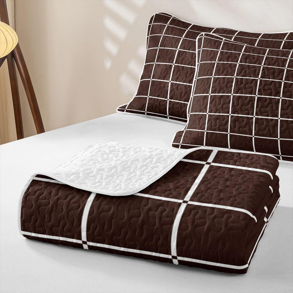 Plaid Quilt Set Brown Grid Checkered Bedspread Set, Farmhouse Buffalo Gingham Soft Lightweight Quilted Geometric