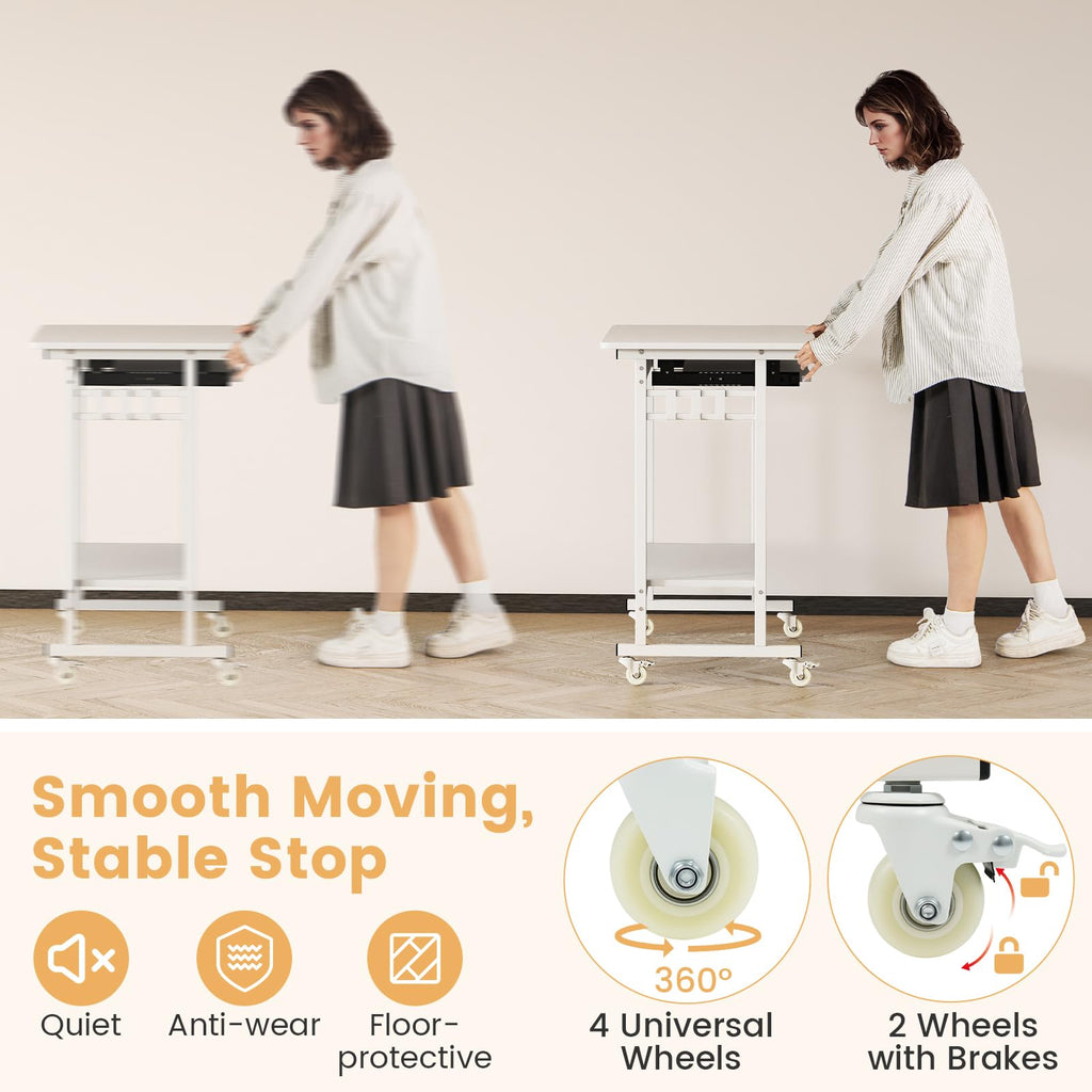 Rolling Computer Desk, Mobile Portable Desk with Keyboard Tray & Wheels, Laptop PC Table Cart with Shelf & Hooks