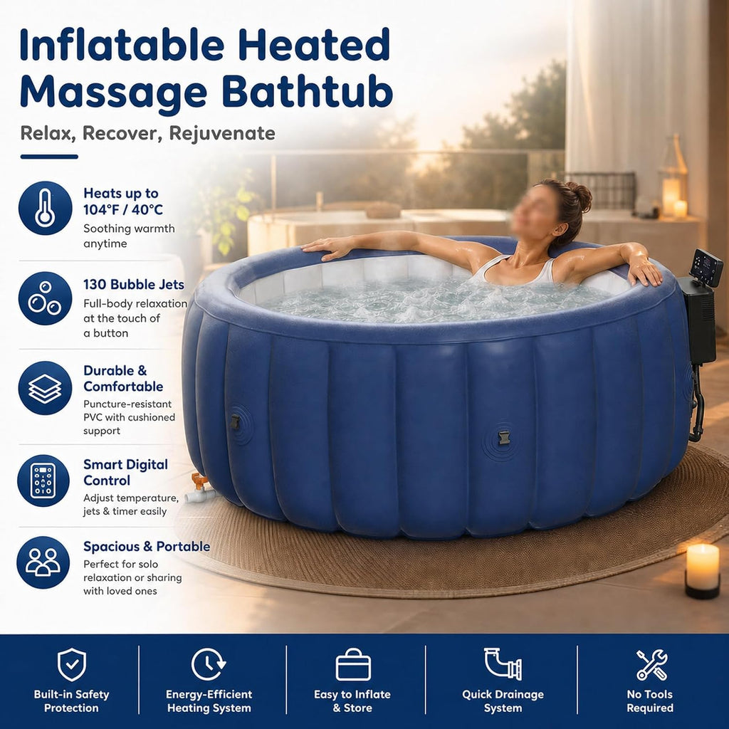 Inflatable Hot Tub, Round Blow up Portable Hot tub, Smooth Easy-Wipe Interior, Convenient Side Drain Spout, Blow Up