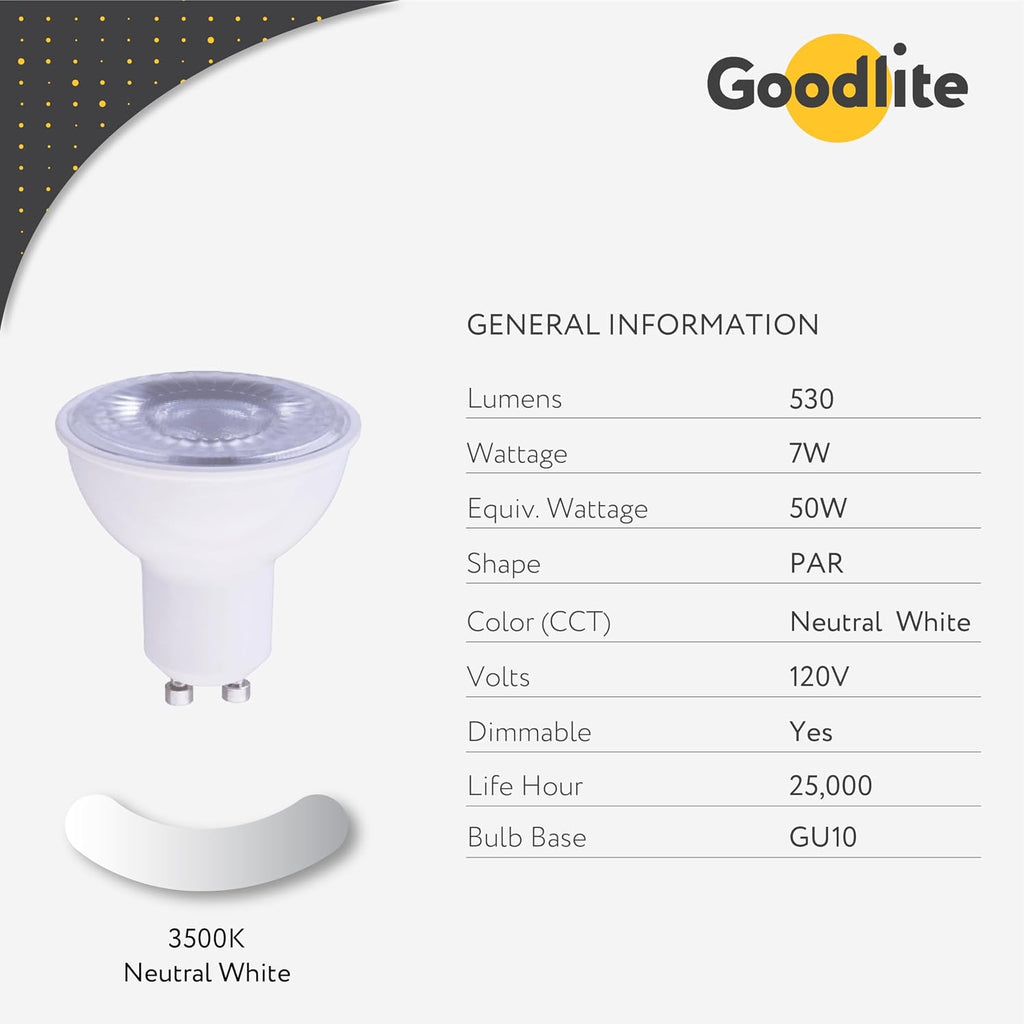 7W GU10 LED, 50W Halogen Bulbs Equivalent, Dimmable, 550lm, 40° Beam Angle, CRI 90, UL Listed, Neutral White