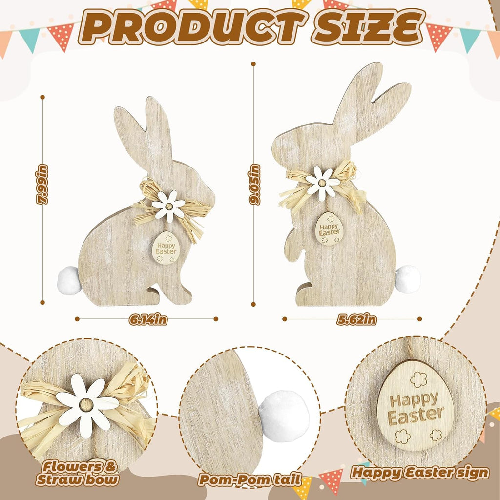 Easter Wooden Bunny Table Decor,Farmhouse Rabbit with Pompom Ball Table Centerpiece Signs,Easter Tiered Tray - Set of 2