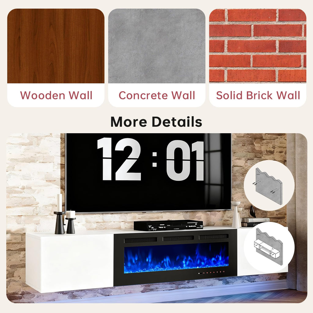 80" Floating TV Stand with 40" Electric Fireplace, Modern Entertainment Center with Storage, Adjustable 12-Color LED