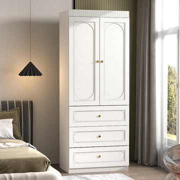 White Wardrobe Closet with 3 Drawers and 2 Doors, 75" H x 32" W