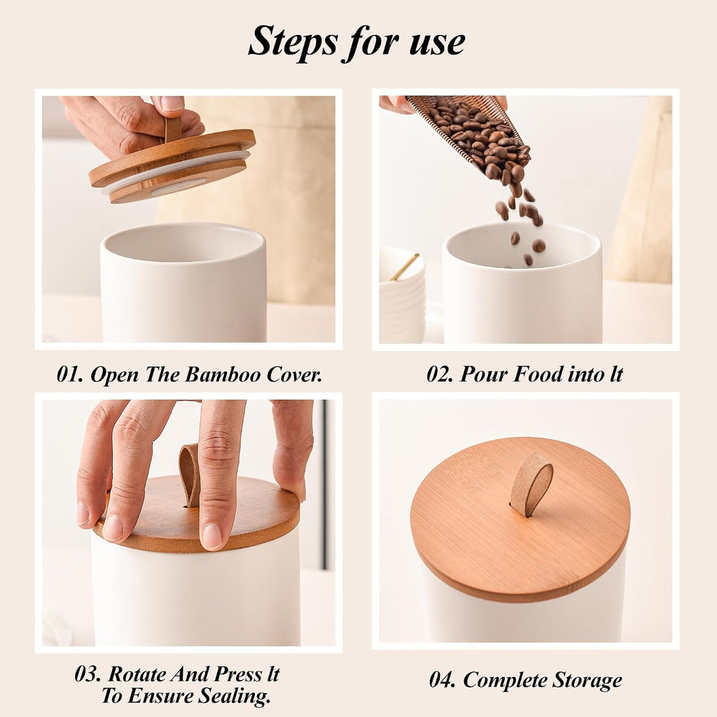 White Ceramic Canister with Bamboo Lids, Wooden Stand & Spoons - 35oz & 28oz Airtight Food Storage Jars - Set of 2