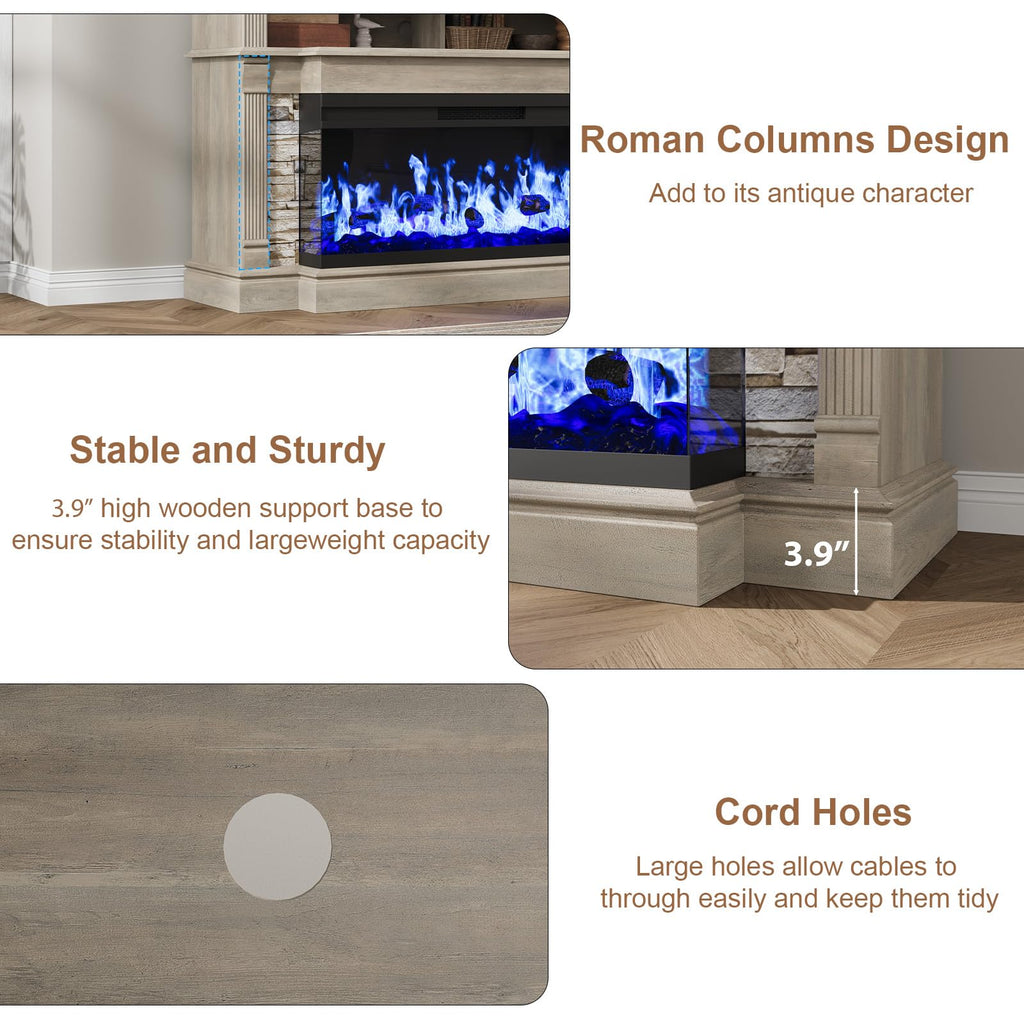 Fireplace TV Stand for TVs up to 65", Farmhouse 52" Fireplace Entertainment Center with 36" 3-Side Glass Electric