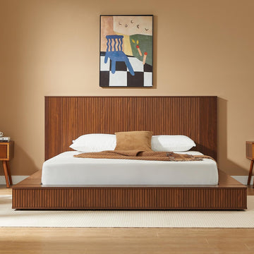 Japanese Wooden Floor Bed Frame Queen with Walnut Headboard