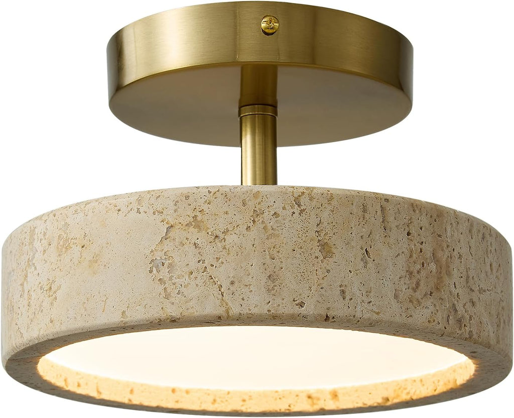 Wabi Sabi 8-inch Yellow Travertine Ceiling Light Fixture - Japanese Semi Flush Mount light with Brushde Gold Metal