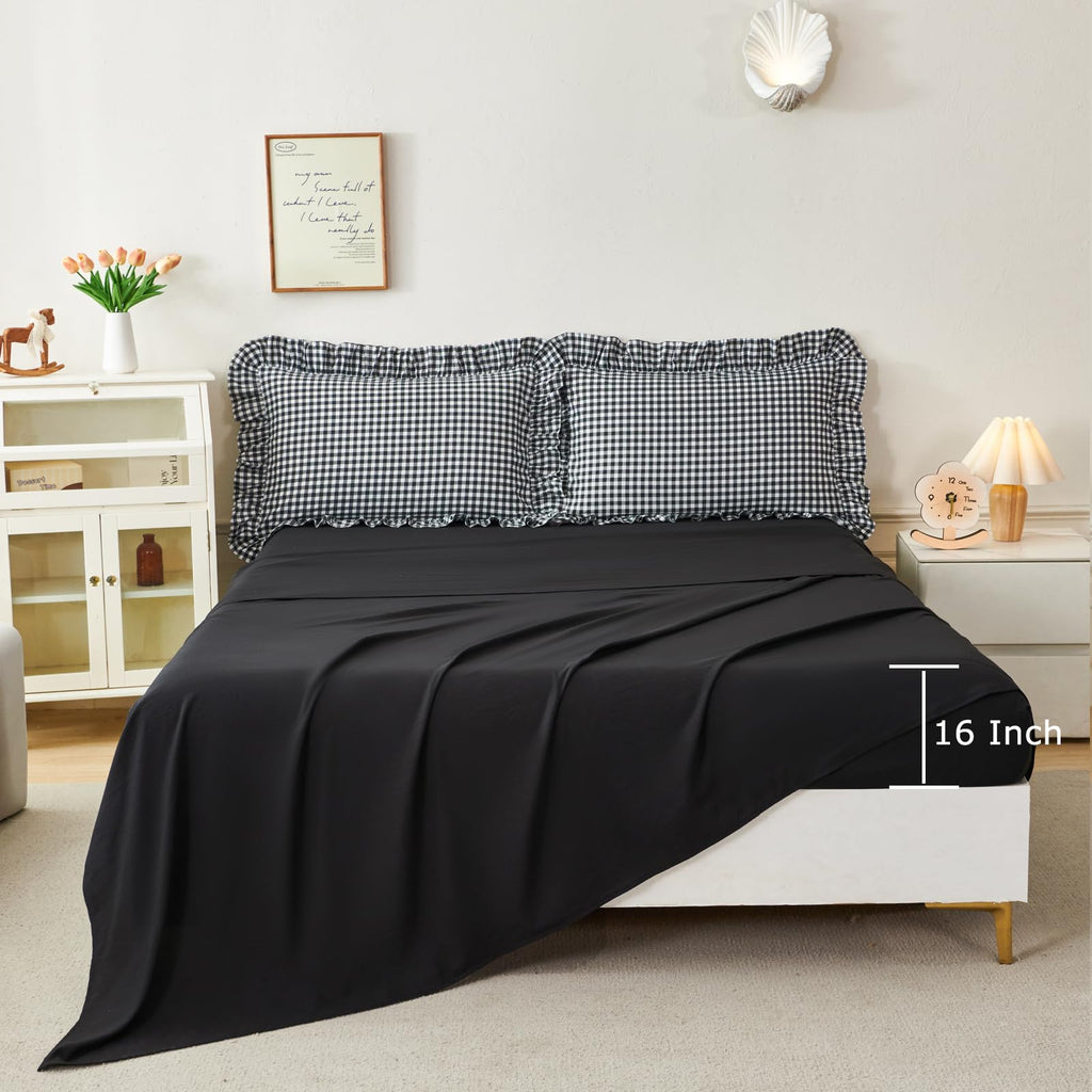 Gingham Comforter Set 5 Pieces Black Ruffled Bedding Sets