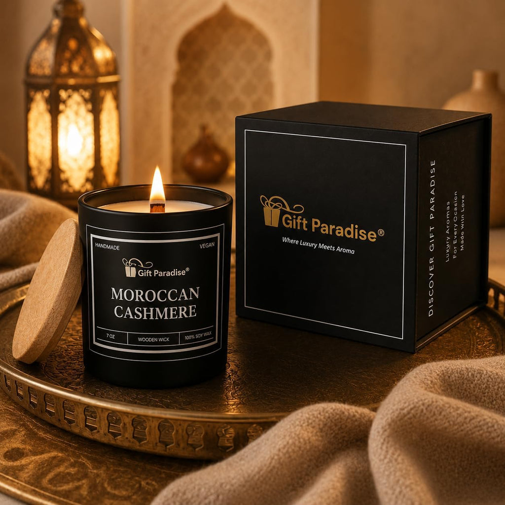 Moroccan Cashmere Soy Wax Candle - 7 oz Luxury Scented Candle with Crackling Wooden Wick, Warm Amber, Cashmere & Soft