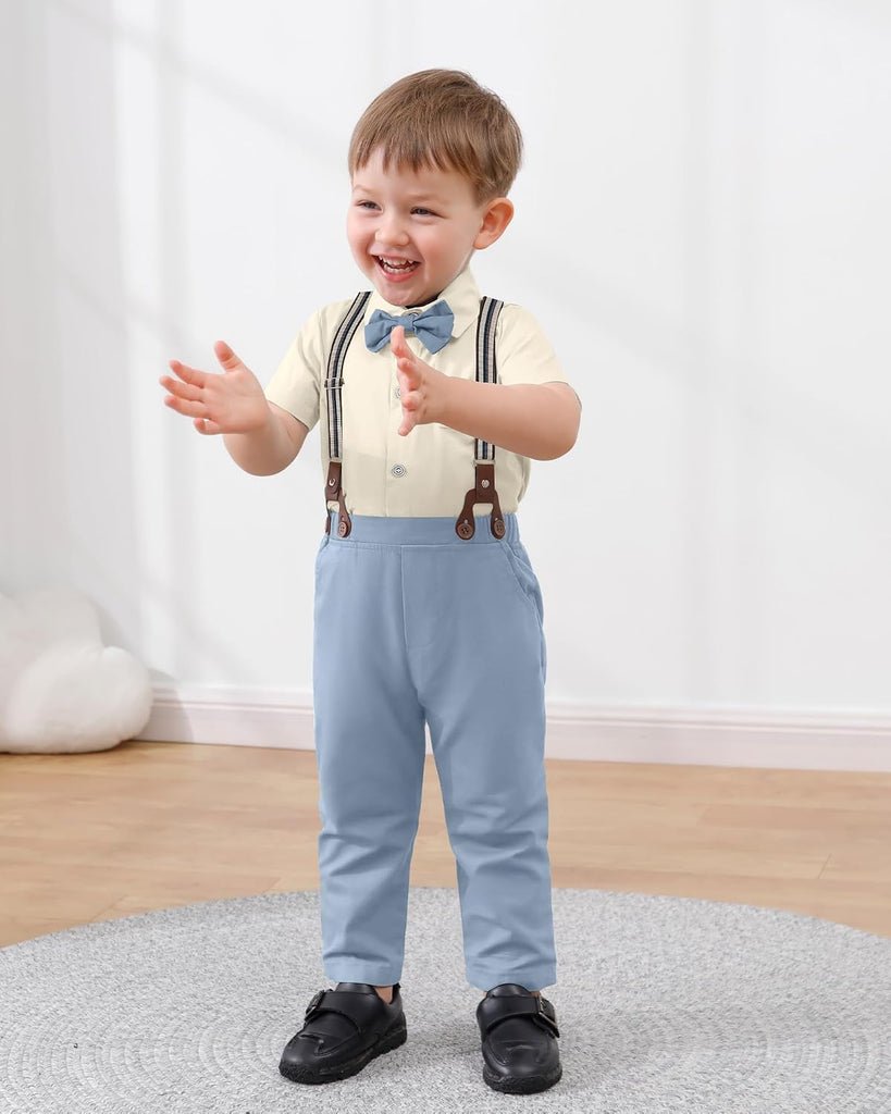 Boys Semi Formal Outfit 3pcs Sets Short Dress Shirt Suspender Pants Bow Tie for 1-5 Years