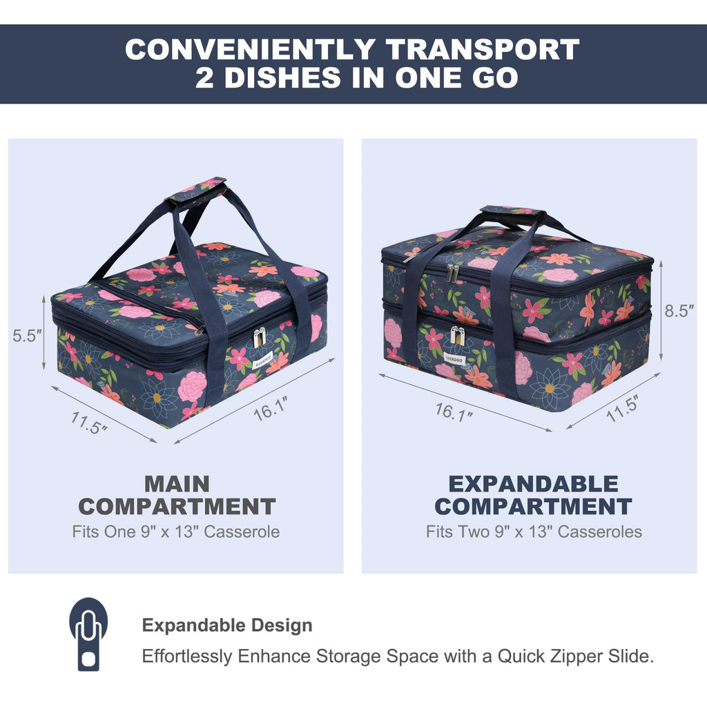 Double Decker Insulated Casserole Carrier, Expandable Thermal Food Warmer Bag Fits 9x13 Dish, Leak-Proof Potluck
