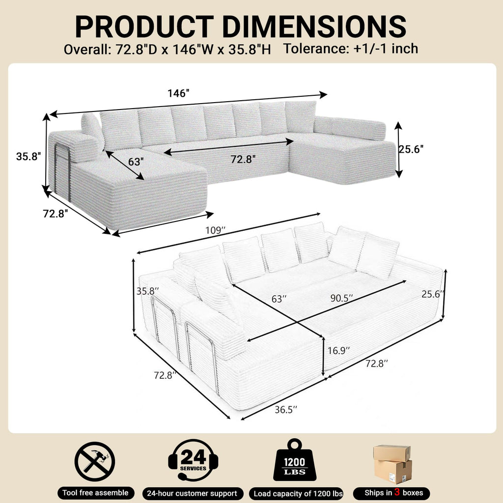 145" Oversized Cloud Boneless Sofa Couch with Double Chaise, Modern Corduroy U Shaped Modular Sectional Sofa with