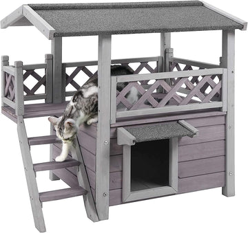Cat House with Door for Feral Cats, Rainproof Outside Kitty House, 2 Story Wooden Kitten Condo with Stairs (-BS)
