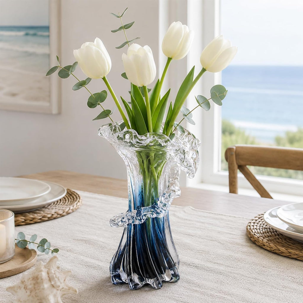 Blue White Clear Wave Vases Gradient, Murano Hand Blown Glass Vase Unique Art Decorative, for Ocean Themed Coastal