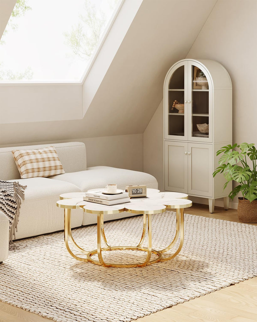 39.37-Inch White and Gold Coffee Table, Modern Flower-Shaped Center Table with Faux Marble Top & Metal Frame, Floral