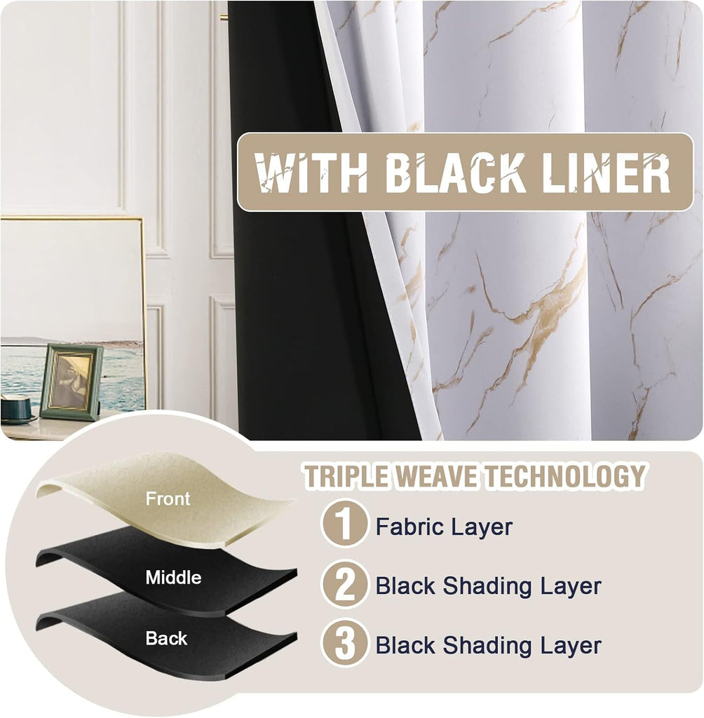 100% Blackout Curtains 84 inch Length 2 Panels Set Marble Designs Printed Drapes Thermal Curtains for Bedroom with