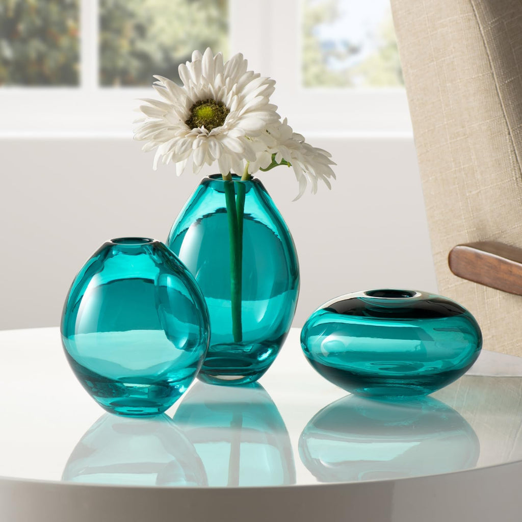 Blown Glass Teal Bud Vases - Hand Blown Turquise Vase Set & Clear Small Teal Vase for Flowers, Glass - Set of 3