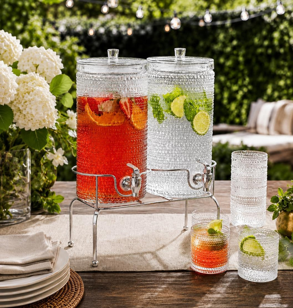 Gallon for Parties, Hobnail Drink Dispenser, Beverage Dispenser with Stand and Glass Lid, 100% Leakproof - Set of 2
