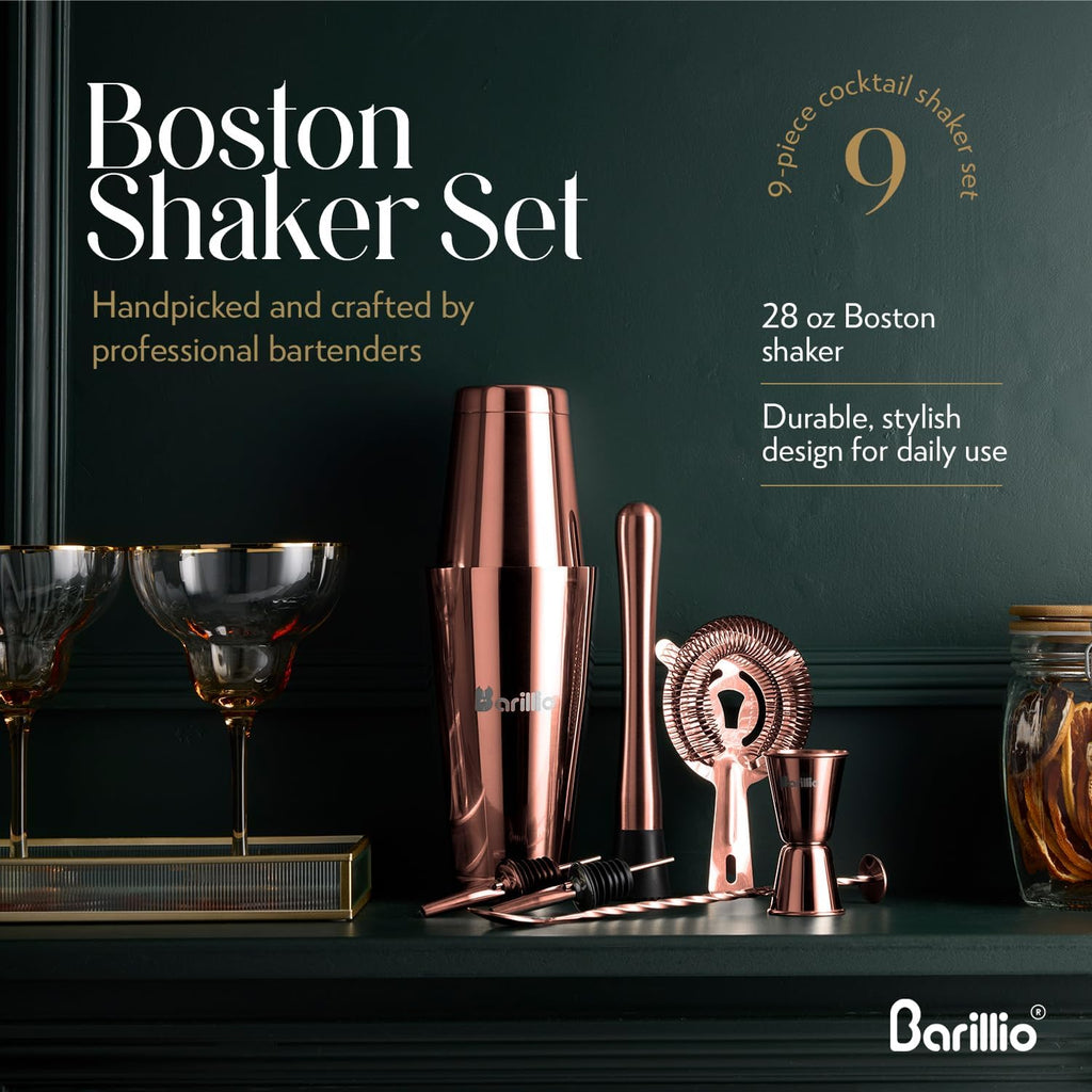 Rose Gold Boston Shaker Set - Stainless-Steel, Weighted Martini Cocktail Shaker Set w/Strainer & Mixer - Mixology - Set of 9
