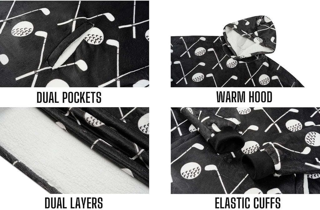 Golf Gifts for Men Women, Unisex Golf Themed Wearable Flannel Blanket Hoodie, Oversized Flannel Hooded Blanket