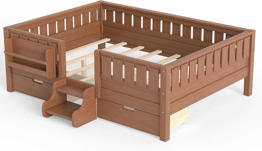 Full Floor Bed with Stairs, Rails and Slats, Full Size Montessori Floor Bed with Bookshelf and 2 Storage Drawers