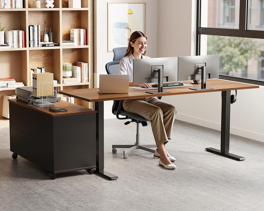 55" L Shaped Electric Standing Desk with Cabinet Sets, Walnut/Black | Mobile Drawers & File Cabinet Sets for Flexible
