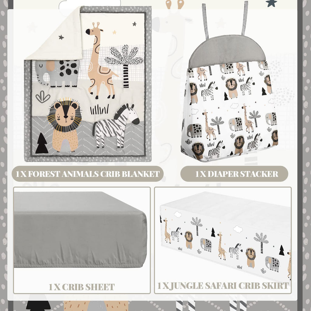 4 Piece Safari Animal Crib Bedding Set with Skirt Blanket Sheet