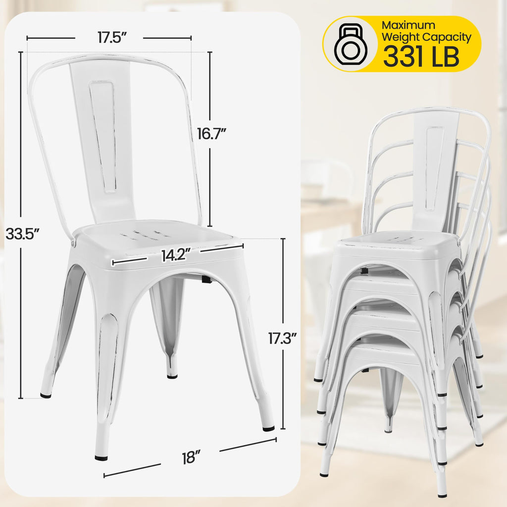 Metal Chairs Set of 4, Stackable Dining Chairs with Backs, White